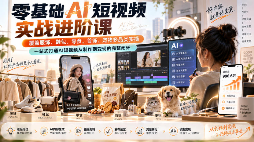 零基础AI短视频实战进阶课，覆盖服饰、鞋包、零食、首饰、宠物多品类实操，一站式打通AI短视频从制作到变现的完整闭环 - 严选资源大全