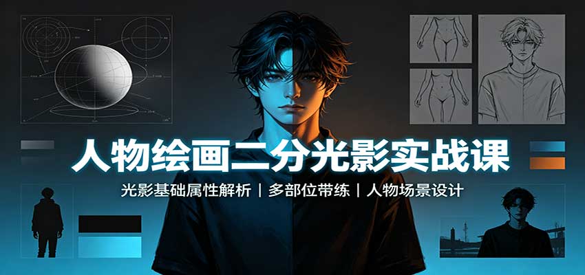 人物绘画二分光影实战课：光影基础属性解析，多部位带练，人物场景设计 - 严选资源大全