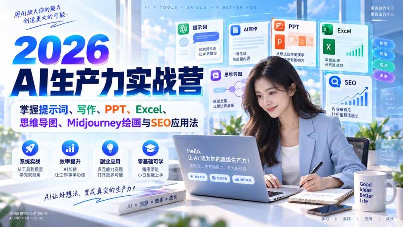 2026AI生产力实战营:掌握提示词、写作、PPT、Excel、思维导图、Midjourney绘画与SEO应用法 - 严选资源大全 - 严选资源大全