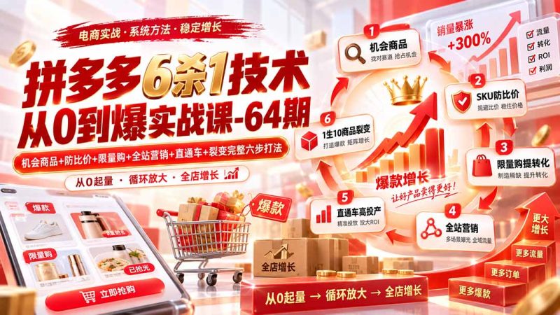 拼多多6杀1技术从0到爆实战课-64期：机会商品+防比价+限量购+全站营销+直通车+裂变完整六步打法 - 严选资源大全 - 严选资源大全