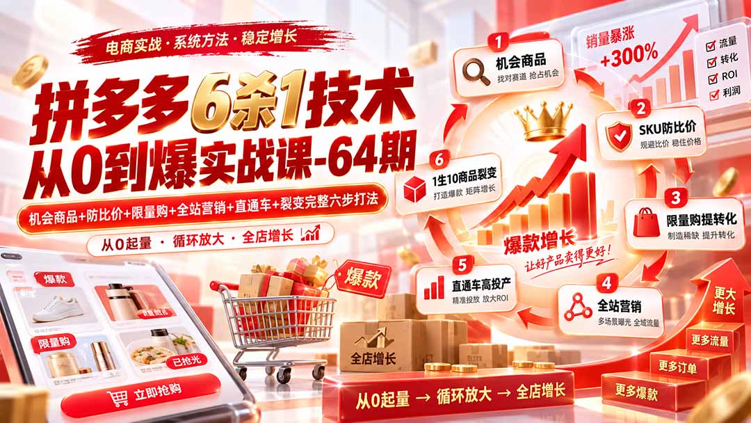 拼多多6杀1技术从0到爆实战课-64期:机会商品+防比价+限量购+全站营销+直通车+裂变完整六步打法 - 严选资源大全