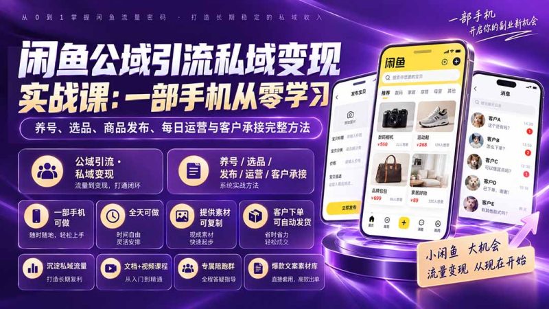 闲鱼公域引流私域变现实战课：一部手机从零学习养号、选品、商品发布、每日运营与客户承接完整方法 - 严选资源大全 - 严选资源大全