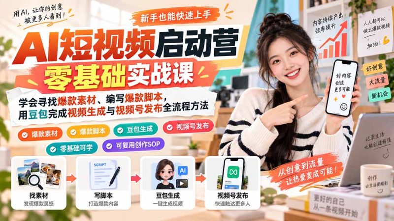 AI短视频启动营零基础实战课：学会寻找爆款素材、编写爆款脚本，用豆包完成视频生成与视频号发布全流程方法 - 严选资源大全 - 严选资源大全