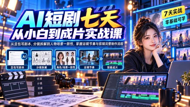 AI短剧七天从小白到成片实战课：从豆包写剧本、分镜拆解到人物场景一致性，掌握运镜节奏与剪辑完整制作流程 - 严选资源大全 - 严选资源大全