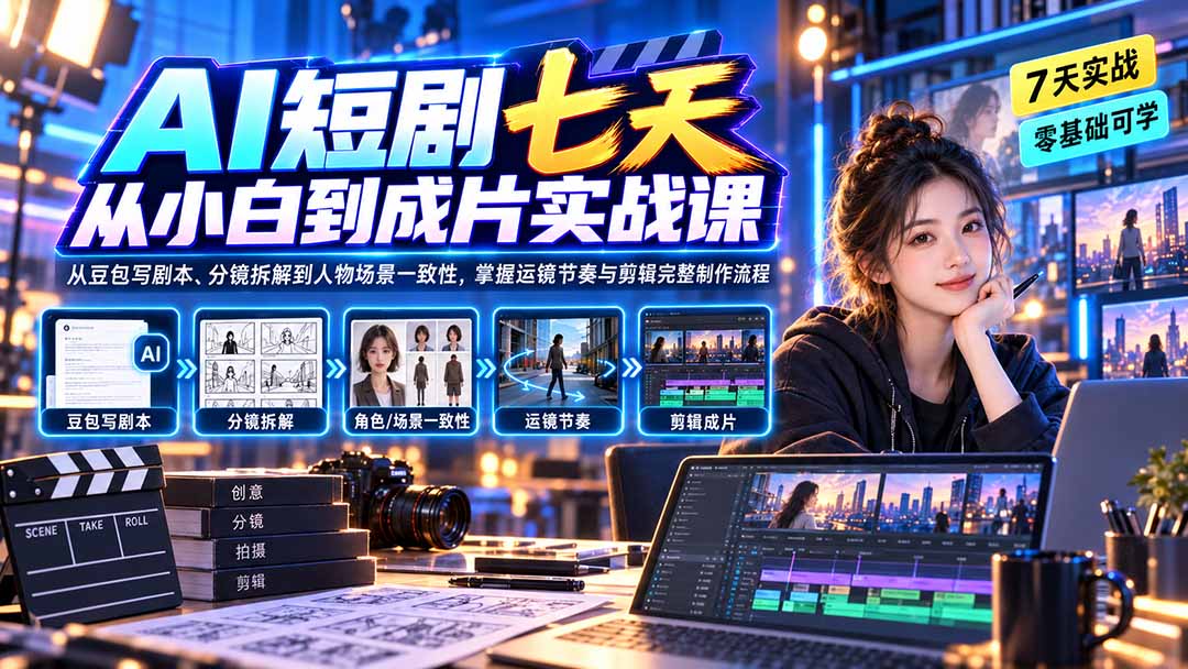 AI短剧七天从小白到成片实战课:从豆包写剧本、分镜拆解到人物场景一致性,掌握运镜节奏与剪辑完整制作流程 - 严选资源大全