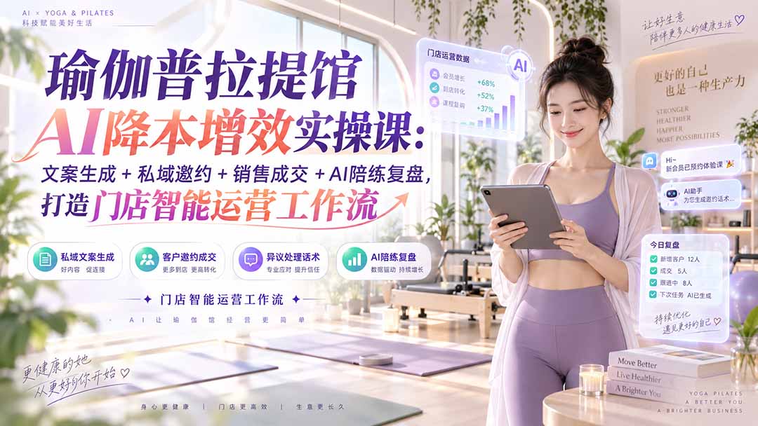 瑜伽普拉提馆AI降本增效实操课:文案生成+私域邀约+销售成交+AI陪练复盘,打造门店智能运营工作流 - 严选资源大全