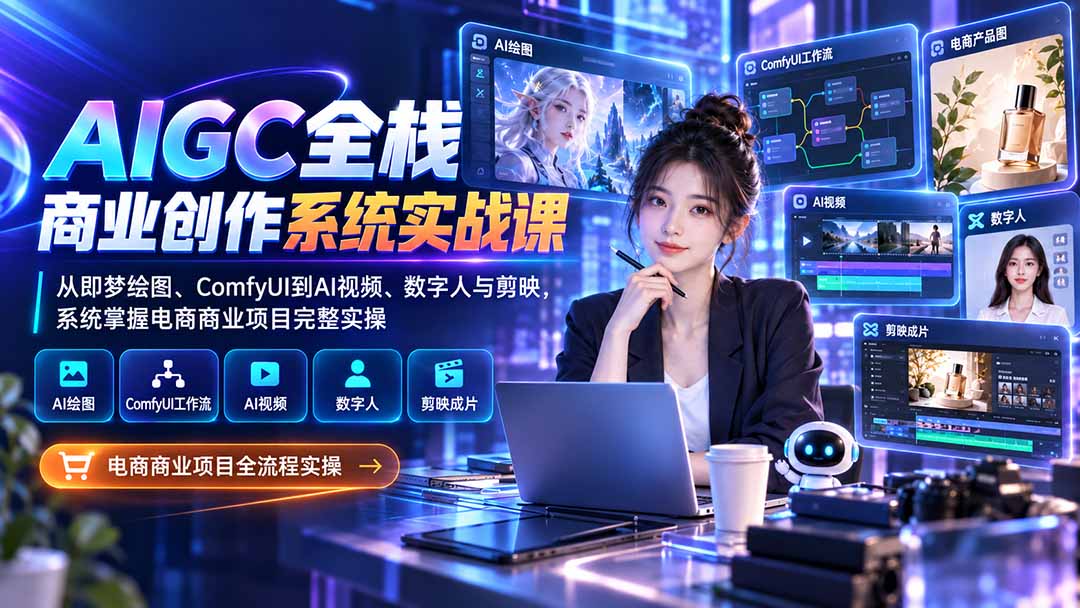 AIGC全栈商业创作系统实战课：从即梦绘图、ComfyUI到AI视频、数字人与剪映，系统掌握电商商业项目完整实操 - 严选资源大全