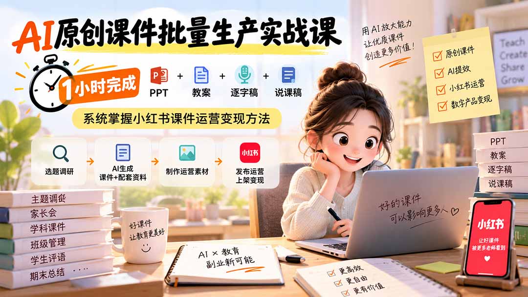 AI原创课件批量生产实战课:1小时完成PPT+教案+逐字稿+说课稿,系统掌握小红书课件运营变现方法 - 严选资源大全