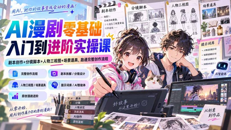 AI漫剧零基础入门到进阶实操课:剧本创作+分镜脚本+人物三视图+场景道具,跑通完整创作流程 - 严选资源大全 - 严选资源大全