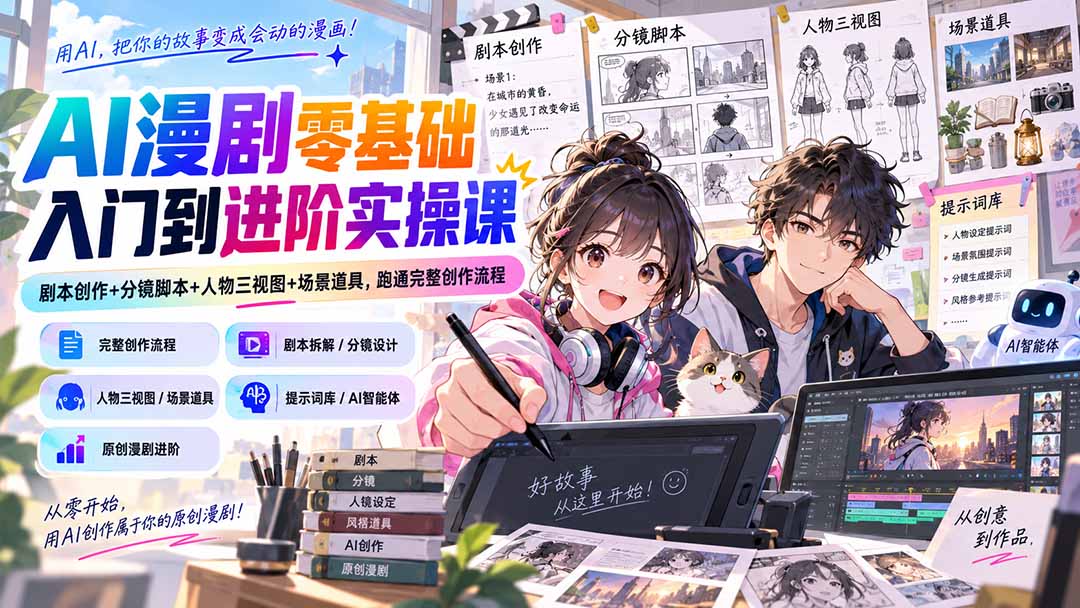 AI漫剧零基础入门到进阶实操课:剧本创作+分镜脚本+人物三视图+场景道具,跑通完整创作流程 - 严选资源大全