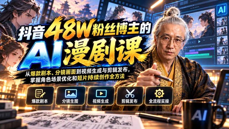 抖音48W粉丝博主的AI漫剧课:从爆款剧本、分镜画面到视频生成与剪辑发布,掌握角色场景优化和短片持续创作全方法 - 严选资源大全 - 严选资源大全