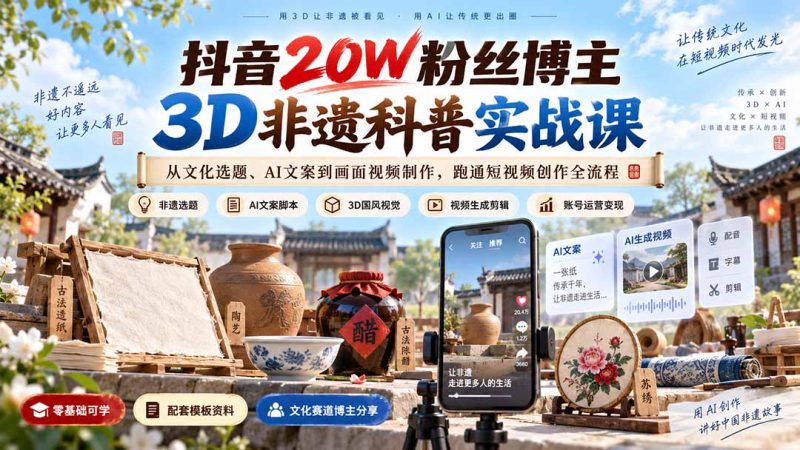 抖音20W粉丝博主3D非遗科普实战课:从文化选题、AI文案到画面视频制作,跑通短视频创作全流程 - 严选资源大全 - 严选资源大全