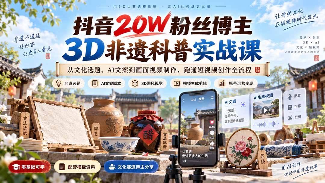 抖音20W粉丝博主3D非遗科普实战课:从文化选题、AI文案到画面视频制作,跑通短视频创作全流程 - 严选资源大全