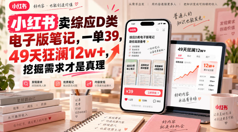 小红书卖综应D类电子版笔记,一单39,49天狂澜12w+,挖掘需求才是真理 - 严选资源大全