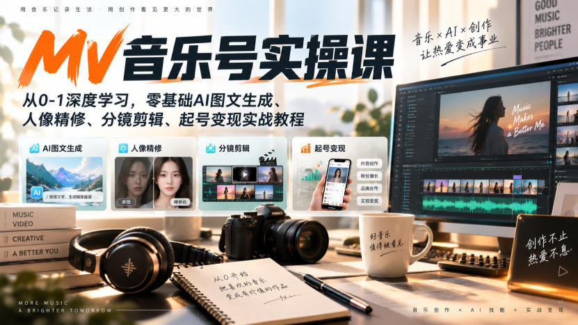 AI MV音乐号实操课，从0-1深度学习，零基础AI图文生成、人像精修、分镜剪辑、起号变现实战教程 - 严选资源大全