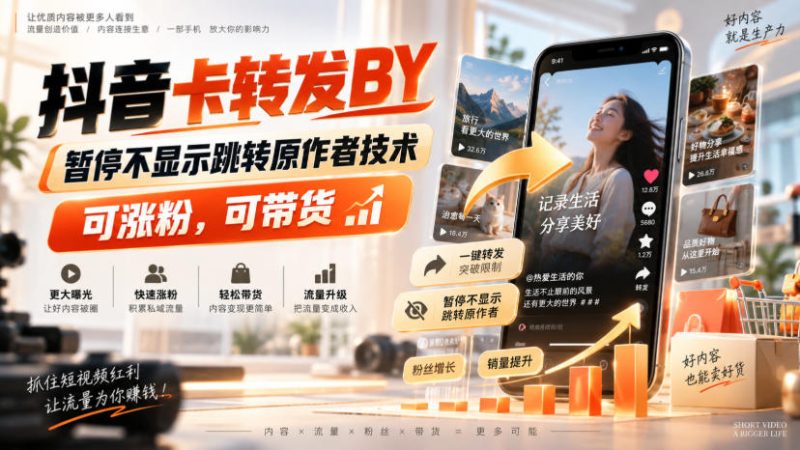 抖音卡转发搬运,暂停不显示跳转原作者技术,可涨粉,可带货 - 严选资源大全 - 严选资源大全