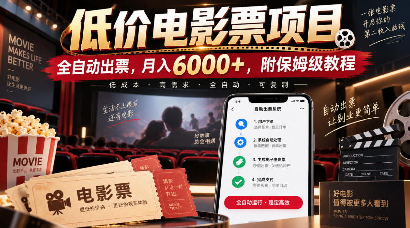 低价电影票项目，全自动出票，月入6000+，附保姆级教程【揭秘】 - 严选资源大全
