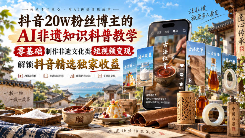 抖音20W粉丝博主的AI非遗知识科普教学，零基础制作非遗文化类短视频变现，解锁抖音精选独家收益 - 严选资源大全