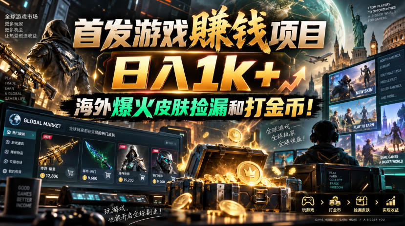 首发游戏賺钱项目，日入1k+，海外爆火皮肤捡漏和打金币！【揭秘】 - 严选资源大全