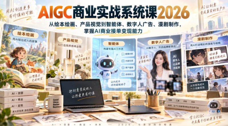 AIGC商业实战系统课2026,从绘本绘画、产品视觉到智能体、数字人广告、漫剧制作,掌握AI商业接单变现能力 - 严选资源大全 - 严选资源大全