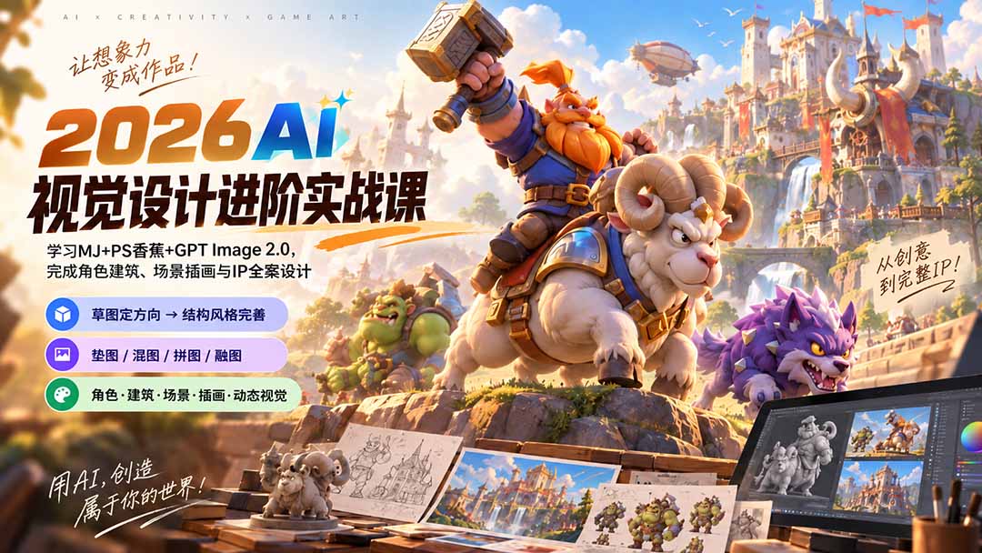 2026AI视觉设计进阶实战课-更新:学习MJ+PS香蕉+GPT Image 2.0,完成角色建筑、场景插画与IP全案设计 - 严选资源大全