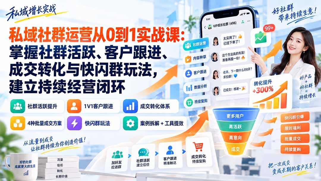 私域社群运营从0到1实战课：掌握社群活跃、客户跟进、成交转化与快闪群玩法，建立持续经营闭环 - 严选资源大全