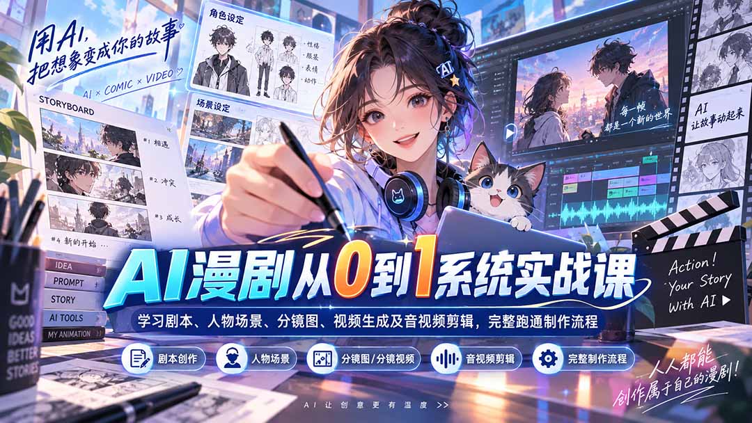 AI漫剧从0到1系统实战课：学习剧本、人物场景、分镜图、视频生成及音视频剪辑，完整跑通制作流程 - 严选资源大全