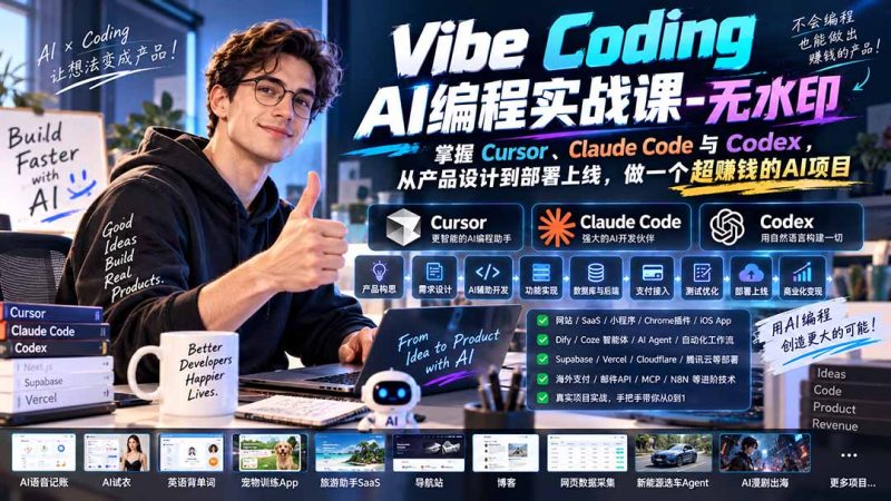 Vibe Coding AI编程实战课-无水印:掌握Cursor、Claude Code与Codex,从产品设计到部署上线,做一个超赚钱的AI项目 - 严选资源大全 - 严选资源大全