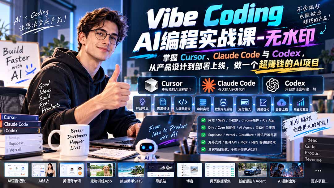 Vibe Coding AI编程实战课-无水印：掌握Cursor、Claude Code与Codex，从产品设计到部署上线，做一个超赚钱的AI项目 - 严选资源大全