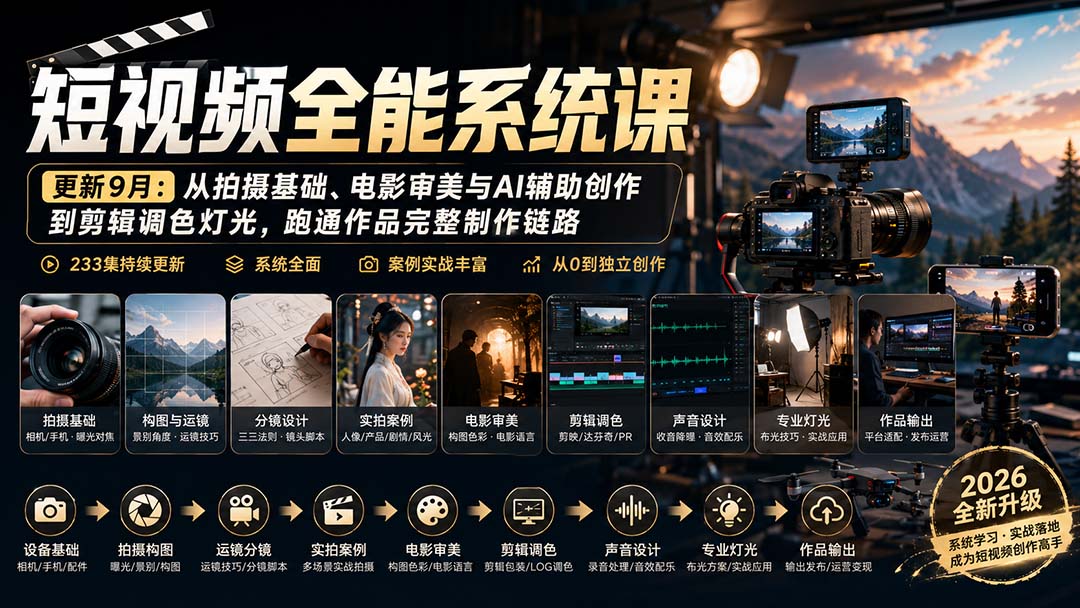 短视频全能系统课-9月完整版:从拍摄基础、电影审美与AI辅助创作到剪辑调色灯光,跑通作品完整制作链路 - 严选资源大全