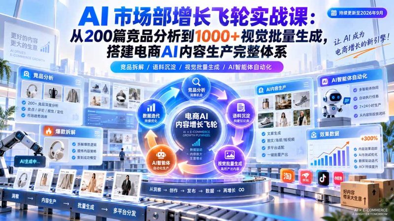 AI 市场部增长飞轮实战课:从200篇竞品分析到1000+视觉批量生成,搭建电商AI内容生产完整体系 - 严选资源大全 - 严选资源大全
