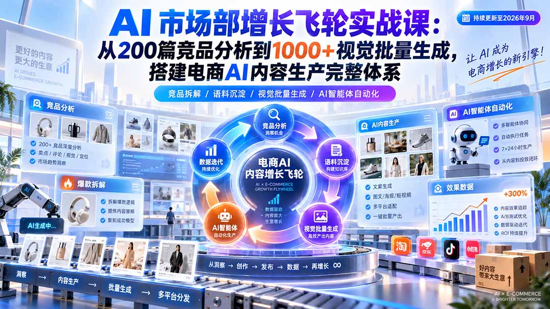 AI 市场部增长飞轮实战课:从200篇竞品分析到1000+视觉批量生成,搭建电商AI内容生产完整体系 - 严选资源大全