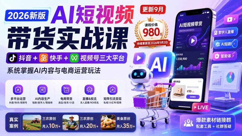 2026新版AI短视频带货实战课-更新9月:抖音+快手+视频号三大平台,系统掌握AI内容与电商运营玩法 - 严选资源大全 - 严选资源大全