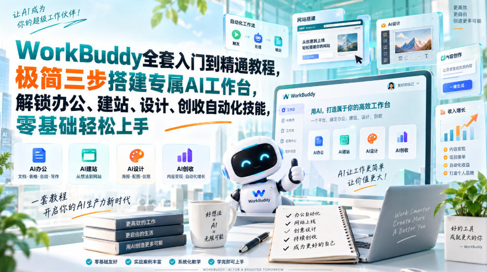 WorkBuddy全套入门到精通教程,极简三步搭建专属AI工作台,解锁办公、建站、设计、创收自动化技能,零基础轻松上手 - 严选资源大全