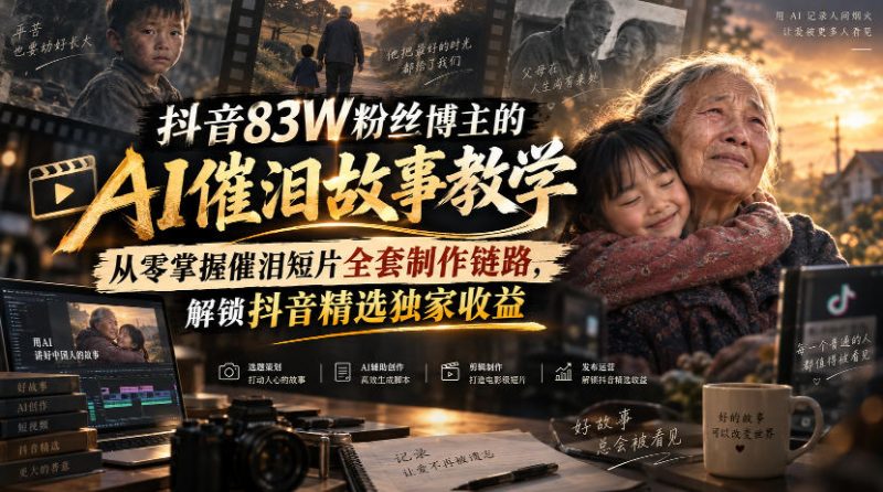 抖音83W粉丝博主的AI催泪故事教学，从零掌握催泪短片全套制作链路，解锁抖音精选独家收益 - 严选资源大全 - 严选资源大全