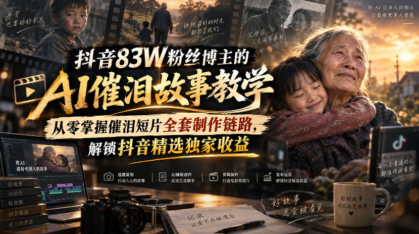 抖音83W粉丝博主的AI催泪故事教学，从零掌握催泪短片全套制作链路，解锁抖音精选独家收益 - 严选资源大全