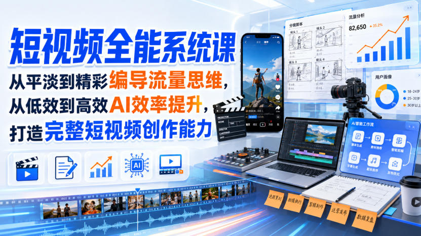 短视频全能系统课,从平淡到精彩编导流量思维,从低效到高效AI效率提升,打造完整短视频创作能力(完整版) - 严选资源大全