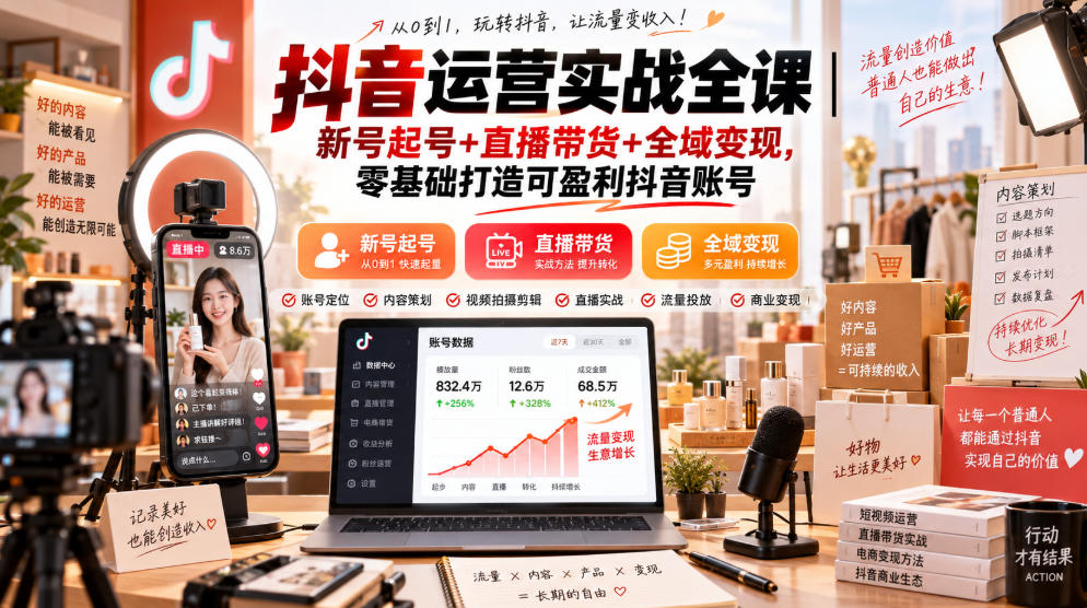 抖音运营实战全课｜新号起号+直播带货+全域变现，零基础打造可盈利抖音账号 - 严选资源大全