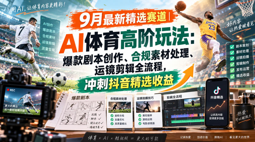 某大佬的9月最新精选赛道之AI体育顶级玩法,爆款剧本创作、版权规避、运镜剪辑全流程,稳拿抖音精选收益 - 严选资源大全