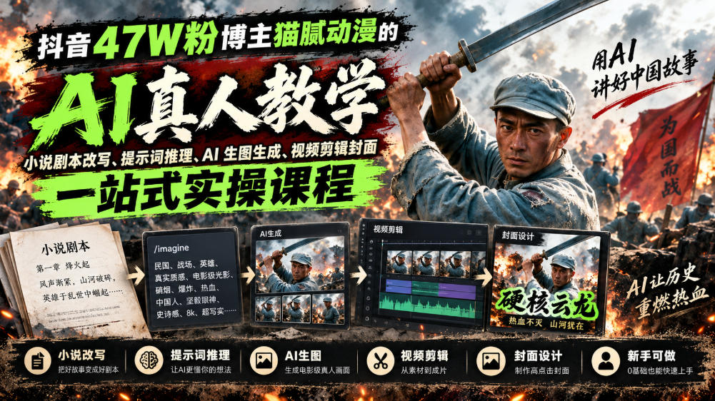 抖音47W粉博主猫腻动漫的AI真人漫剧教学,小说剧本改写、提示词推理、AI生图生成、视频剪辑封面一站式实操课程 - 严选资源大全