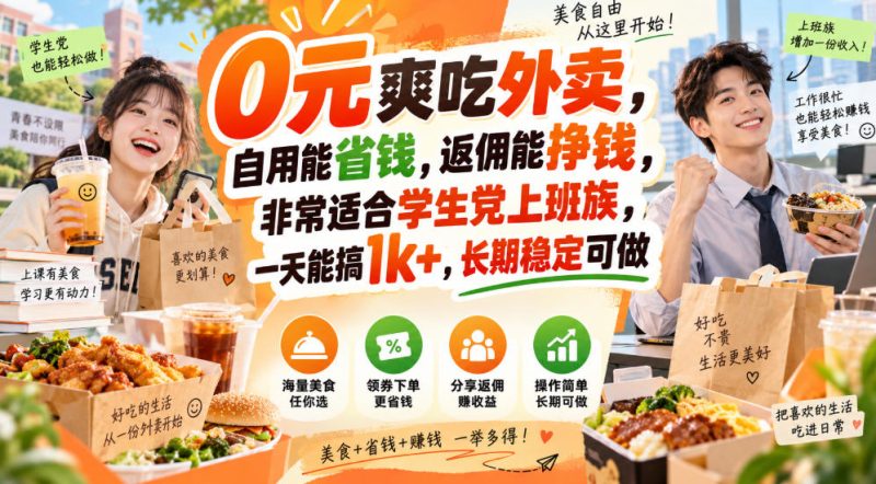 0元爽吃外卖,自用能省钱,返佣能挣钱,非常适合学生党上班族,一天能搞1k+,长期稳定可做 - 严选资源大全 - 严选资源大全