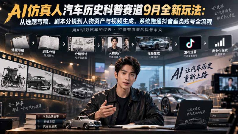 AI仿真人汽车历史科普赛道9月全新玩法：从选题写稿、剧本分镜到人物资产与视频生成，系统跑通抖音垂类账号全流程 - 严选资源大全 - 严选资源大全
