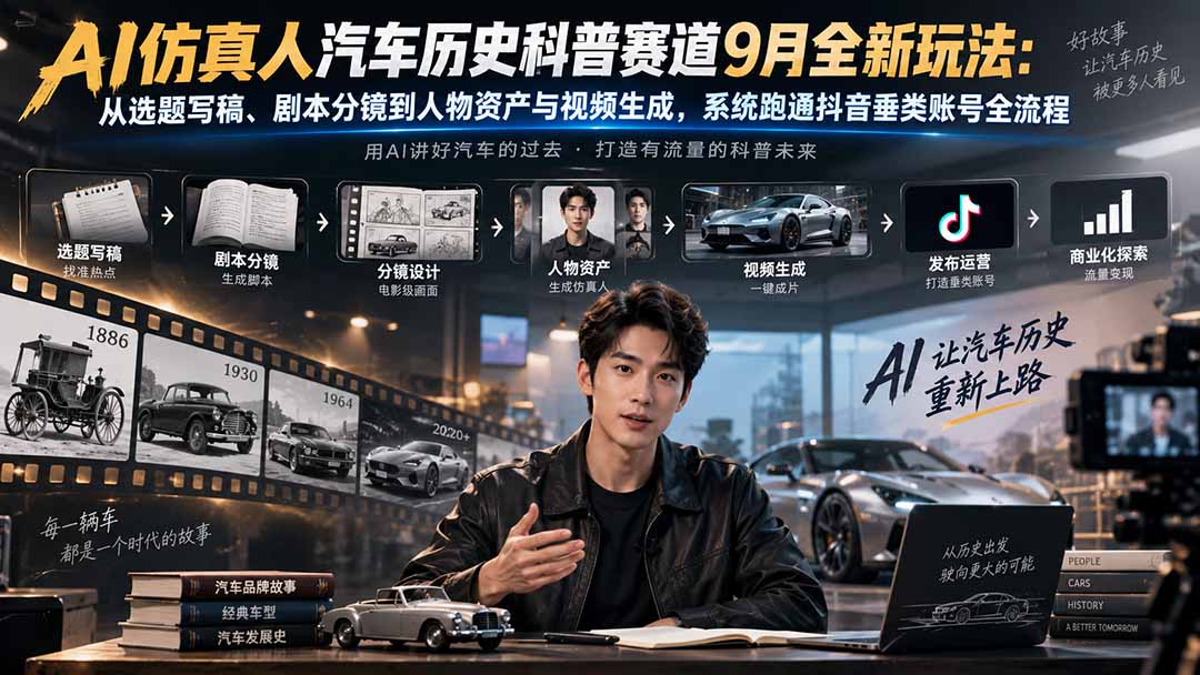AI仿真人汽车历史科普赛道9月全新玩法:从选题写稿、剧本分镜到人物资产与视频生成,系统跑通抖音垂类账号全流程 - 严选资源大全
