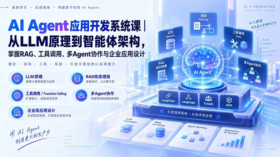 AI Agent应用开发系统课-179节|从LLM原理到智能体架构,掌握RAG、工具调用、多Agent协作与企业应用设计 - 严选资源大全