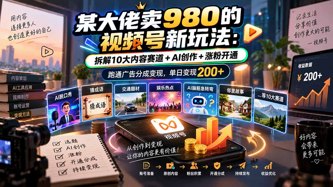 某大佬卖980的视频号新玩法：拆解10大内容赛道+AI创作+涨粉开通，跑通广告分成变现，单日变现200+ - 严选资源大全
