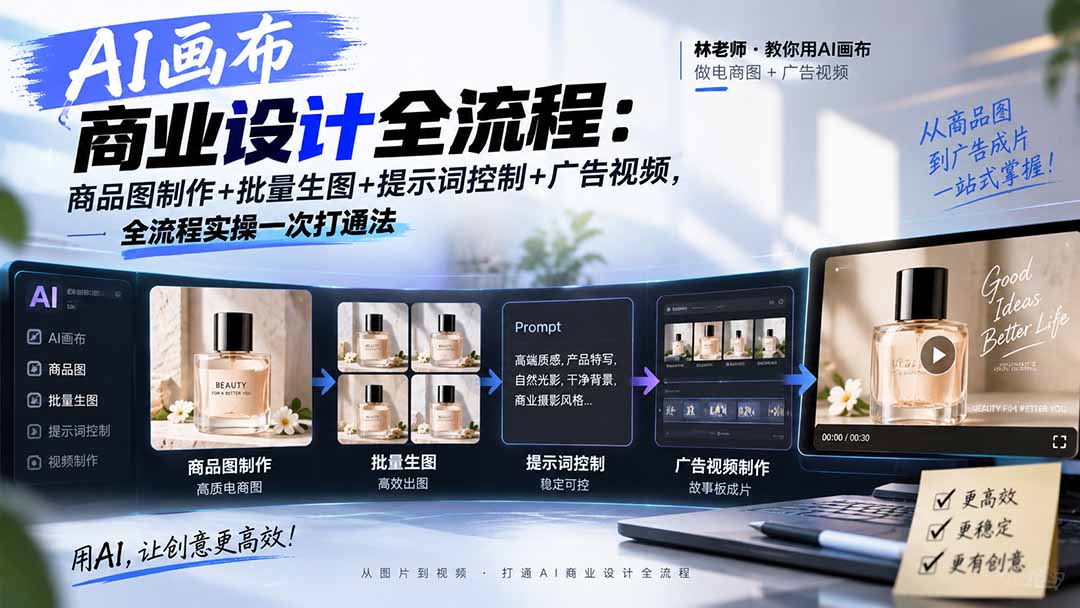 AI画布商业设计全流程：商品图制作+批量生图+提示词控制+广告视频，全流程实操一次打通法 - 严选资源大全