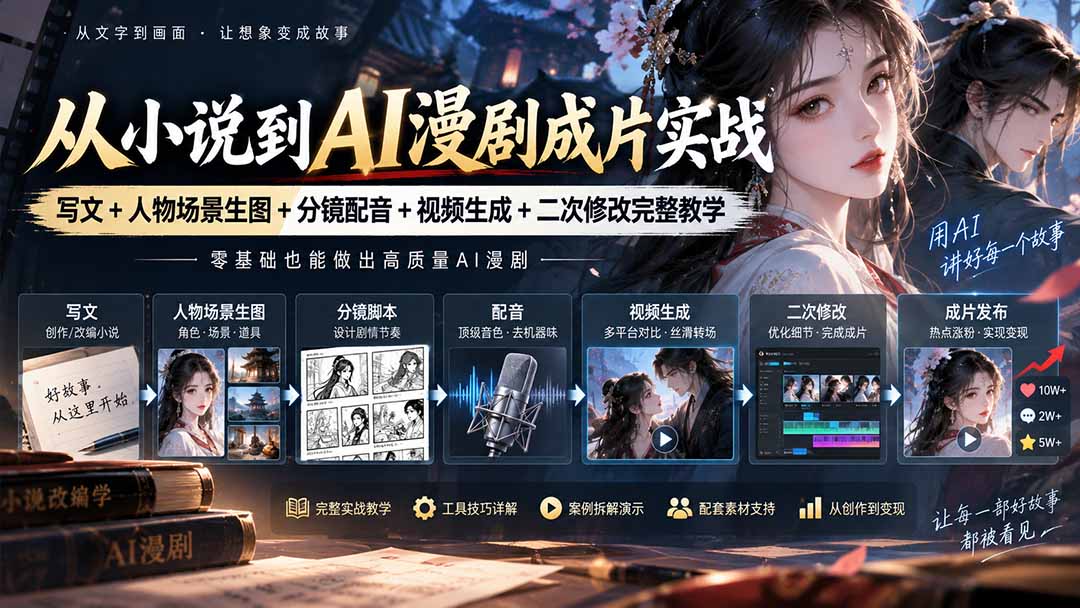 从小说到AI漫剧成片实战：写文+人物场景生图+分镜配音+视频生成+二次修改完整教学 - 严选资源大全