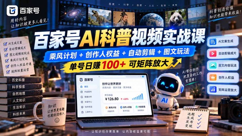 百家号AI科普视频实战课：乘风计划+创作人权益+自动剪辑+图文玩法，单号日赚100+可矩阵放大 - 严选资源大全 - 严选资源大全
