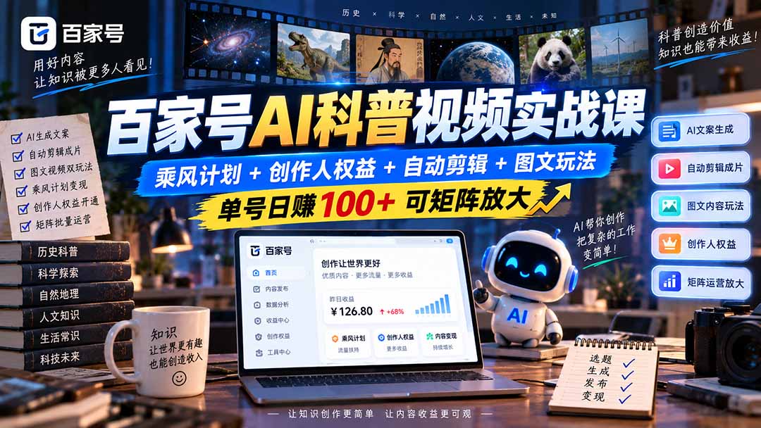 百家号AI科普视频实战课：乘风计划+创作人权益+自动剪辑+图文玩法，单号日赚100+可矩阵放大 - 严选资源大全