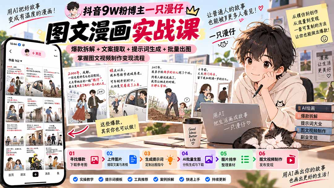抖音9W粉博主一只漫仔图文漫画课：爆款拆解+文案提取+提示词生成+批量出图，掌握图文视频制作变现流程 - 严选资源大全